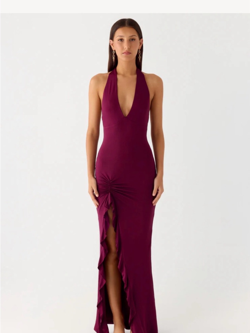 Peppermayo Plum Halter Maxi Dress with Front Ruched Slit
